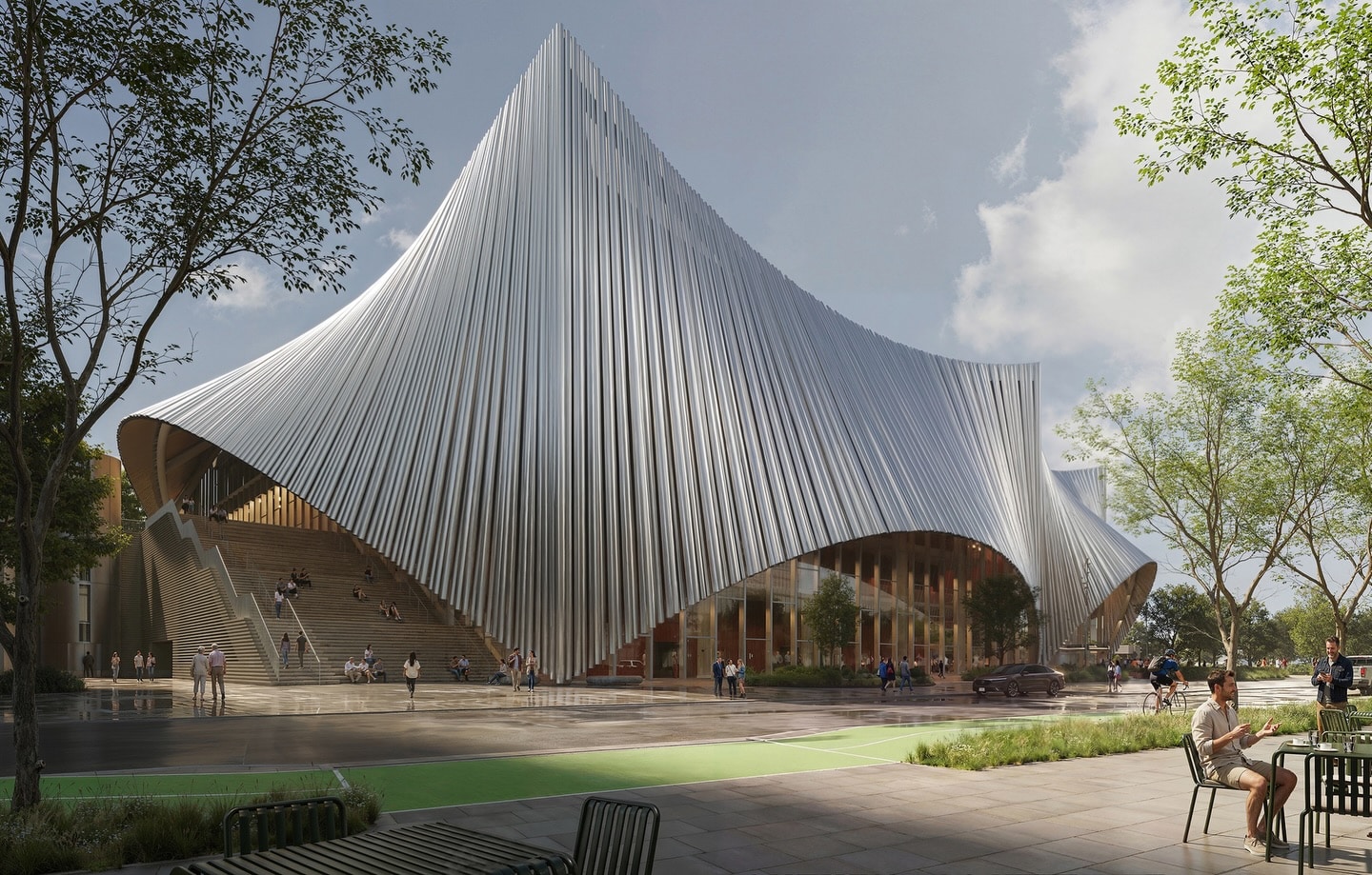 Exterior view of the Tennessee Performing Arts Center with undulating aluminum facade in Nashville