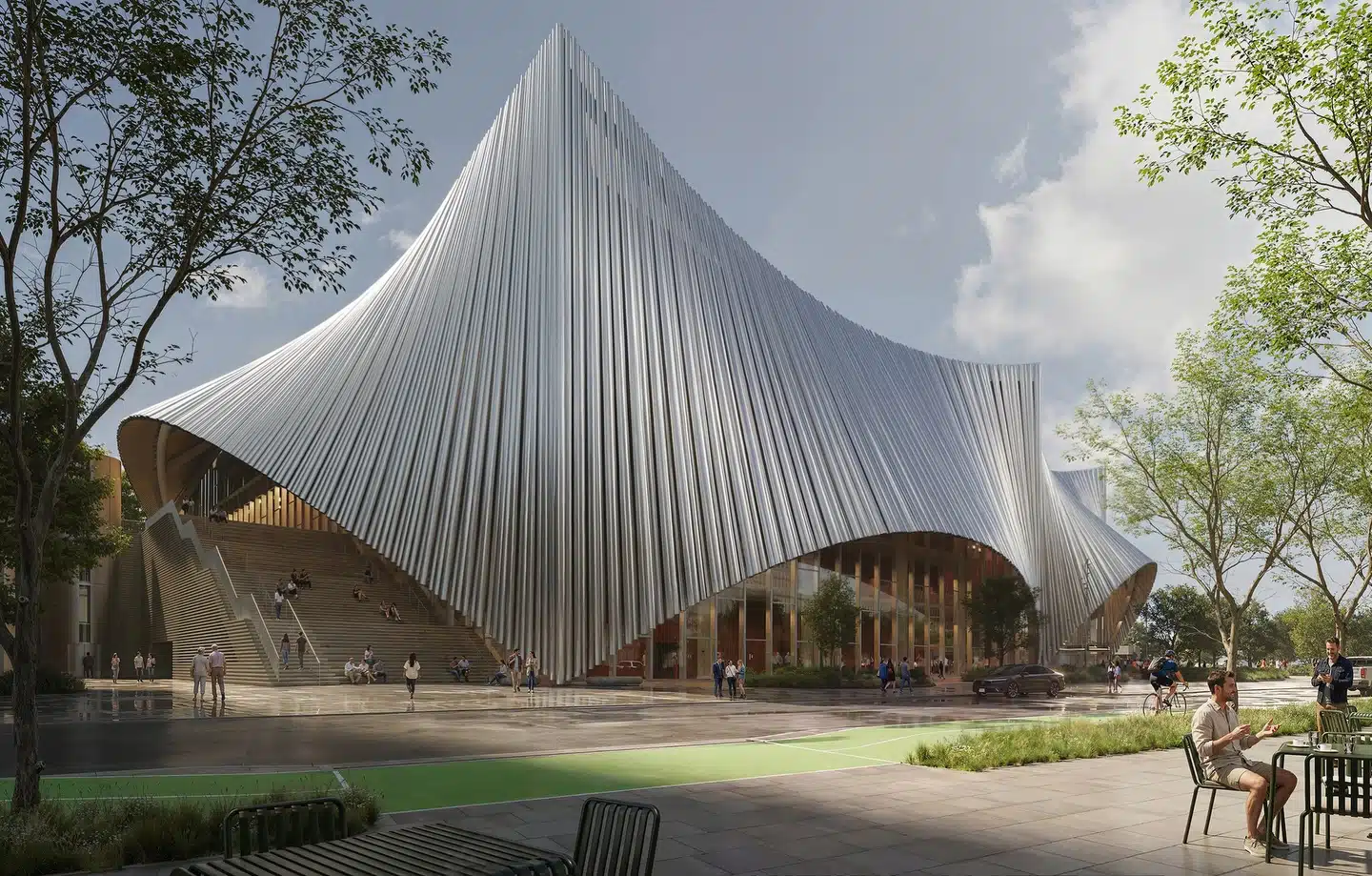 Exterior view of the Tennessee Performing Arts Center with undulating aluminum facade in Nashville