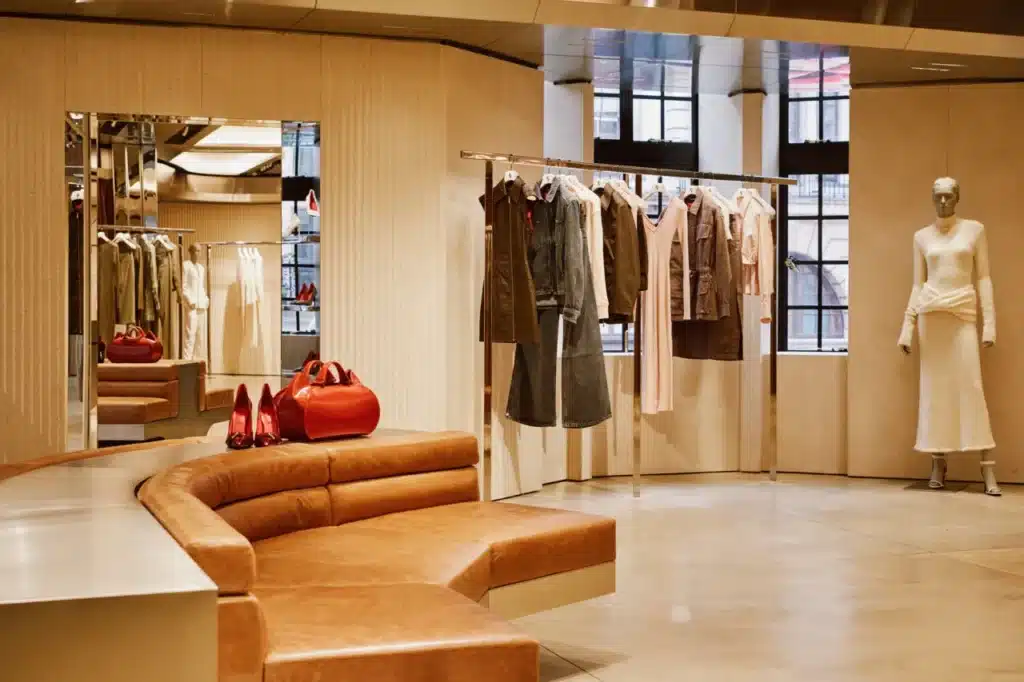 Silver Ferrari prancing horse logo on the metallic entrance frame of the heritage London building.