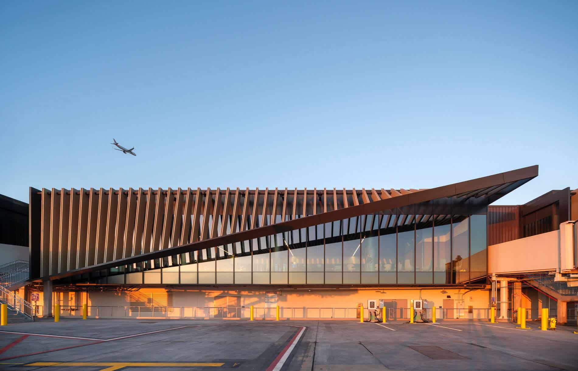 LAX Terminal MSC South facade with angled brise-soleil at sunset