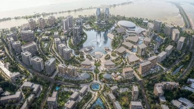 Aerial view of The Spine mixed-use mega city development east of Cairo, Egypt