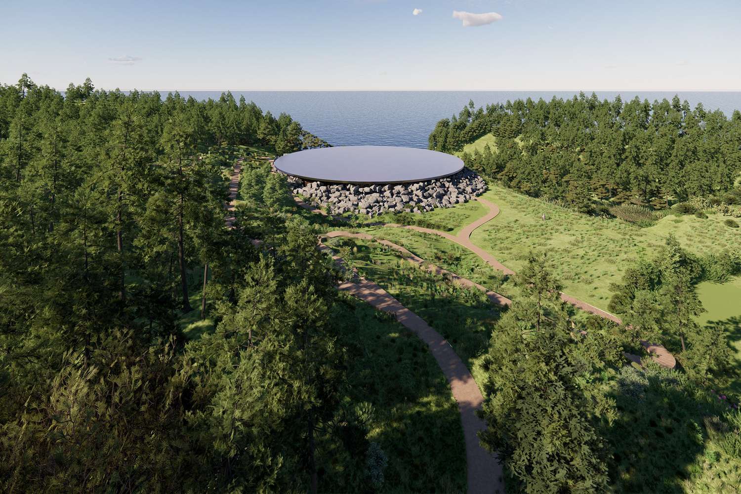 Interior of Sea of Time Museum showing LED lights floating on a water basin toward the ocean horizon.