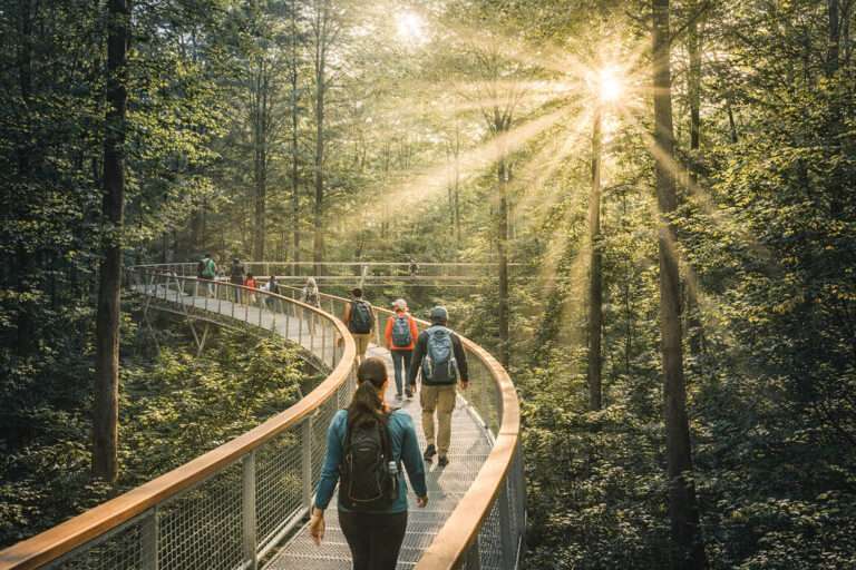 Angular buildings integrated into the Jefferson Memorial Forest canopy.