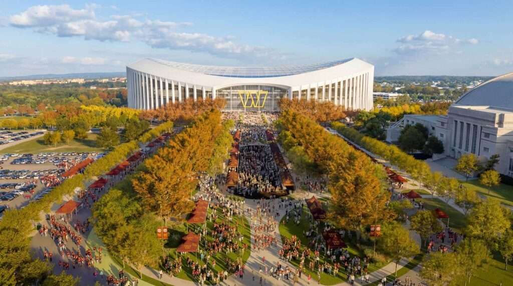 Tree-lined plaza at Washington Commanders stadium landscape design