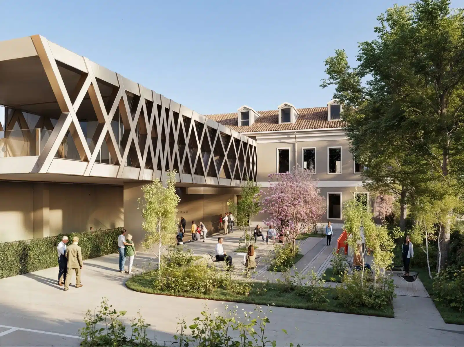Interior view of the Buzzi Heritage Center showing the digital concrete truss along a bright corridor with archival shelving.