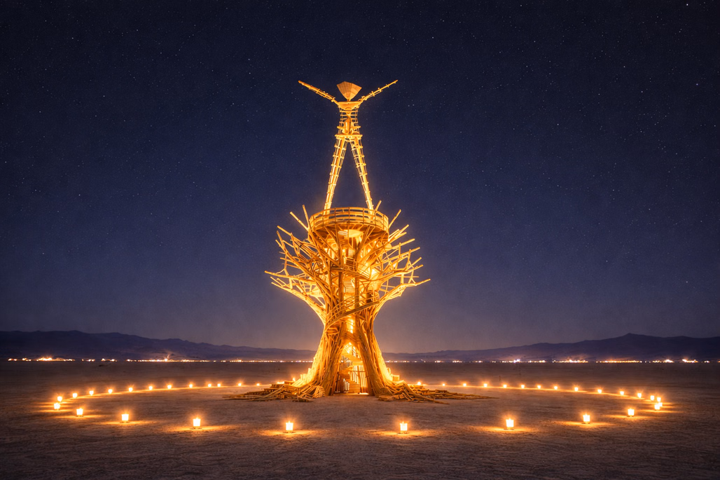 Cryptomeria pavilion at Burning Man 2026 illuminated at night with candles surrounding the base in Black Rock Desert