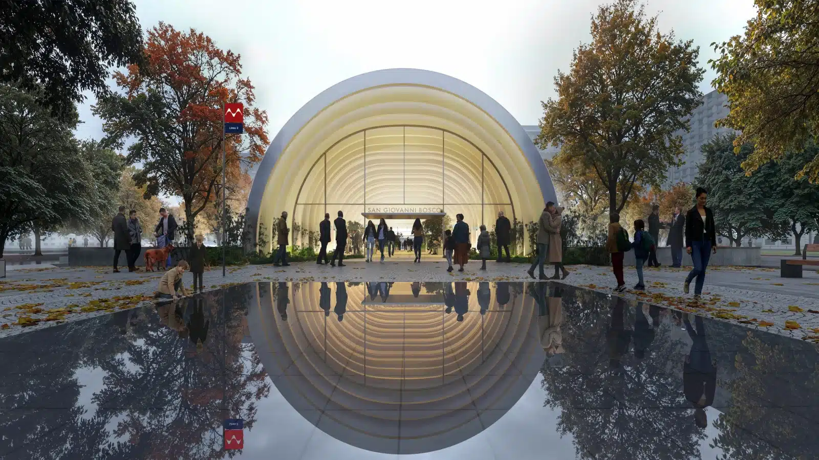 Turin Metro Line 2 San Giovanni Bosco station entrance with arched canopy and autumn park setting