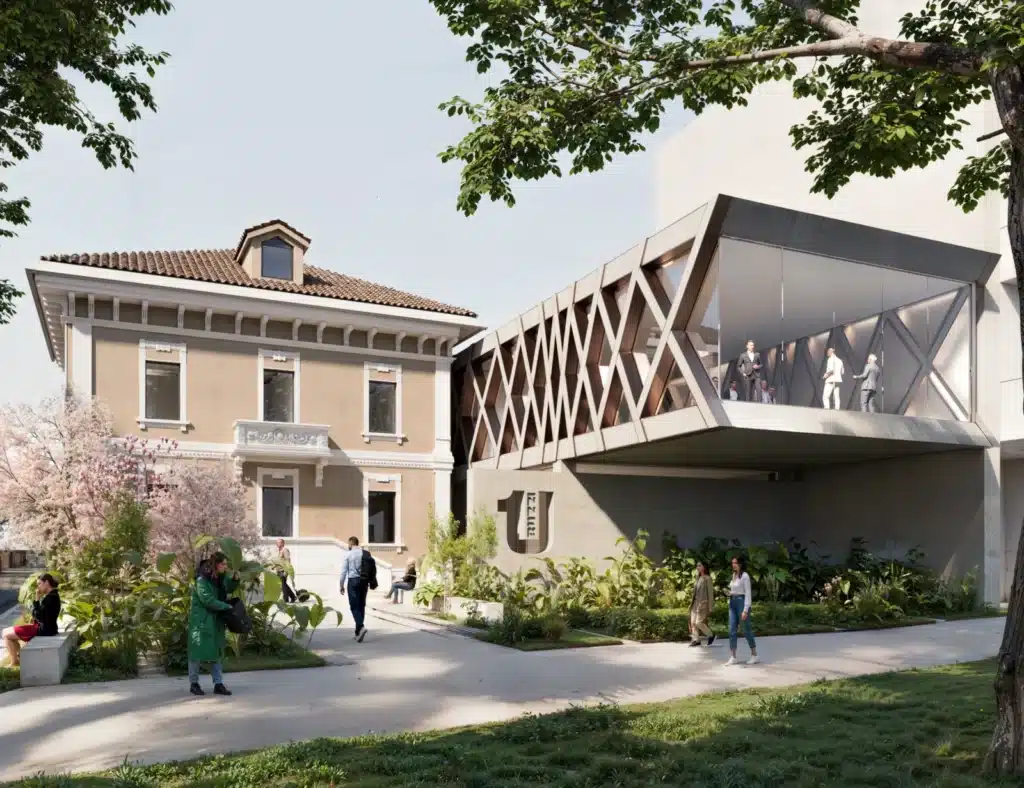 Presentation space inside the suspended structure of the cultural center featuring diagonal windows and blue seating.