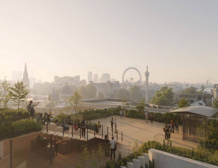 Render of the new wing for the National Gallery, showing the textured Portland stone facade and landscaped courtyard at the entrance.