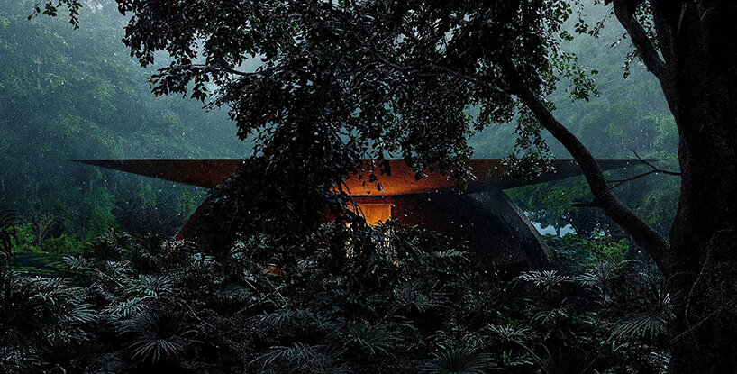 Glowing pavilion nestled in lush forest highlighting Rain Architecture