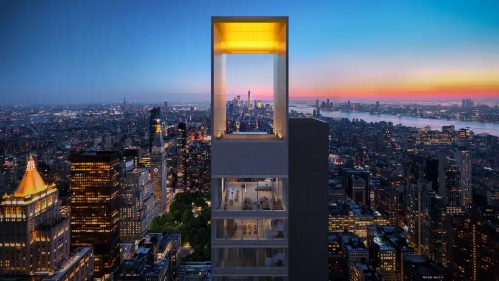 المظهر النحيف لبرج 262 فيفث أفينيو يطل على أفق مانهاتن وقت الغسق.

