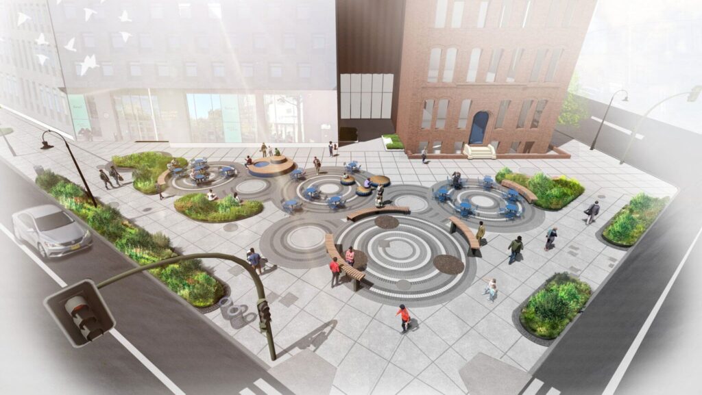 تصوير جوي لميدان تمبل سكوير في وسط بروكلين يُظهر الأنماط الدائرية على الأرضية وأحواض الأشجار والمقاعد المدمجة والمزارع الخضراء عند تقاطع شارع ثيرد وفلاتبوش أفينيو