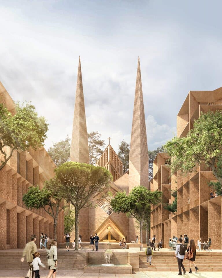 Ground-level courtyard view of Sydney cathedral precinct showing sandstone facades, public fountain, and mature trees