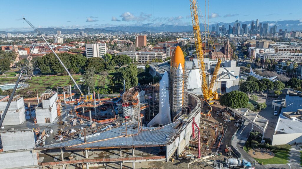 Space shuttle Endeavour installation at Samuel Oschin Air and Space Center construction site, Los Angeles