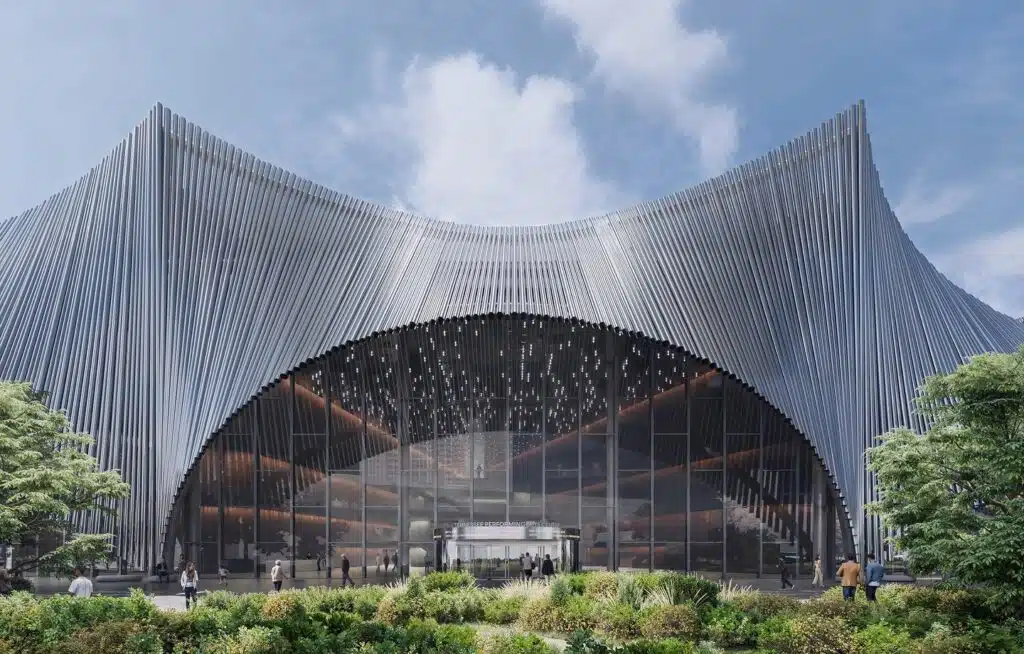 Tennessee Performing Arts Center main entrance with arched glass opening and aluminum tubes