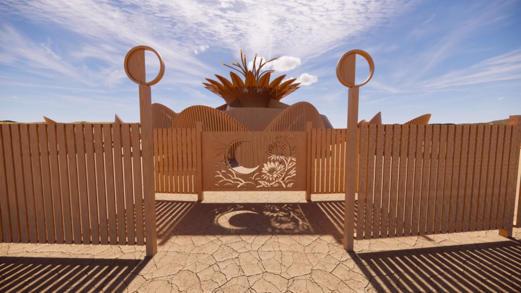 Wooden entrance gate of Temple of the Moon with carved floral and lunar patterns in desert landscape