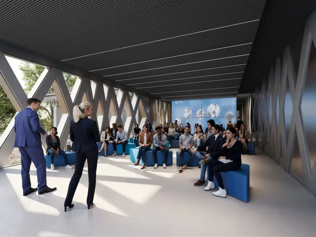 A dramatic digital concrete truss hovers above a landscaped garden, connecting a historic Italian building to a modern extension.