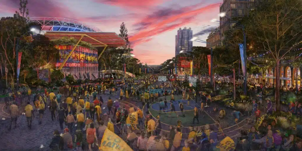 Aerial master plan view of the Sydney Olympic Park 2050 development, showing the integration of high-density towers with expansive green parklands and waterways.