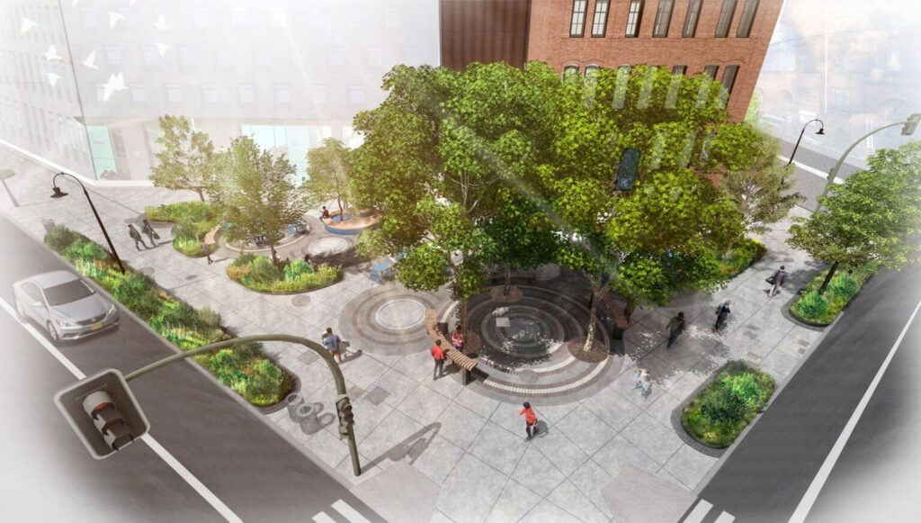 تصوير علوي لميدان تمبل سكوير في بروكلين يُبرز الأنماط الدائرية المترابطة والمقاعد الخشبية والكراسي الزرقاء والمزارع الخضراء الغنية دون غطاء شجري