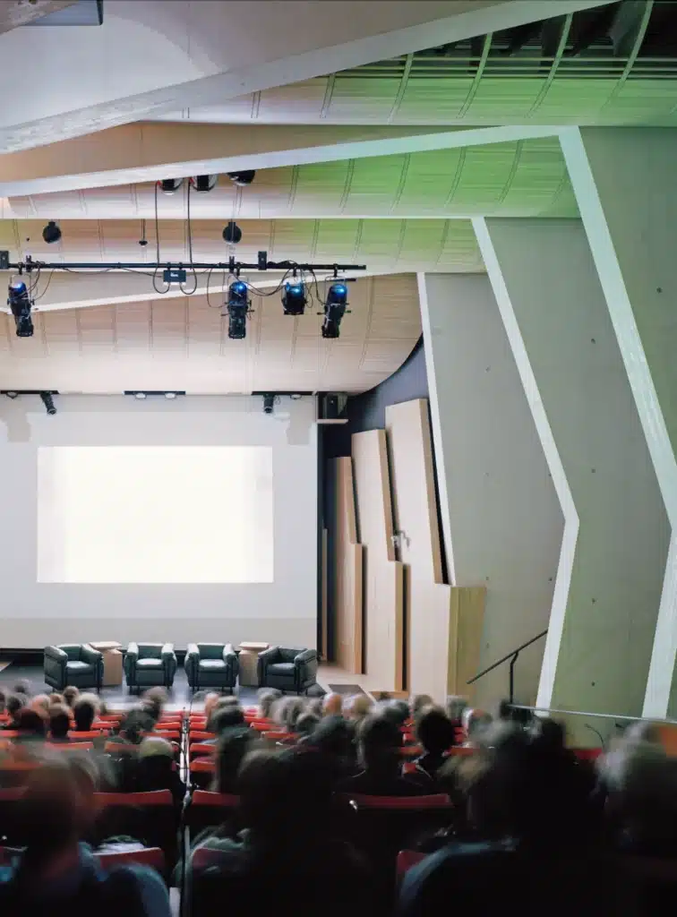 Auditorium hall hosting a public literary event at the Jan Michalski Foundation