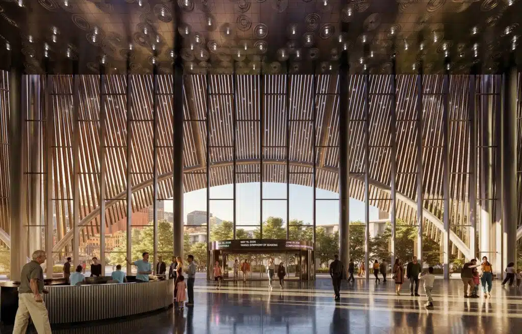 Interior lobby of the performing arts center with floor-to-ceiling glass overlooking Nashville riverfront