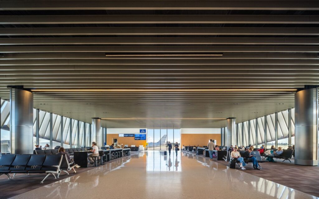 Interior of LAX Terminal passenger hall with linear ceiling slats