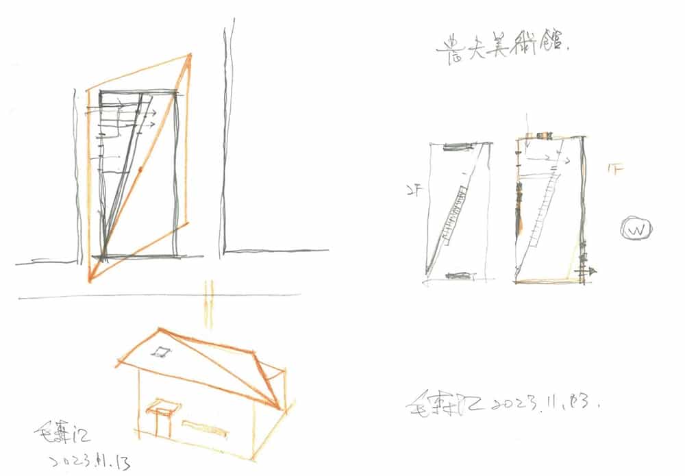 Hand-drawn architectural sketches detailing the asymmetrical roof shape and spatial layout of the rural farmhouse conversion.