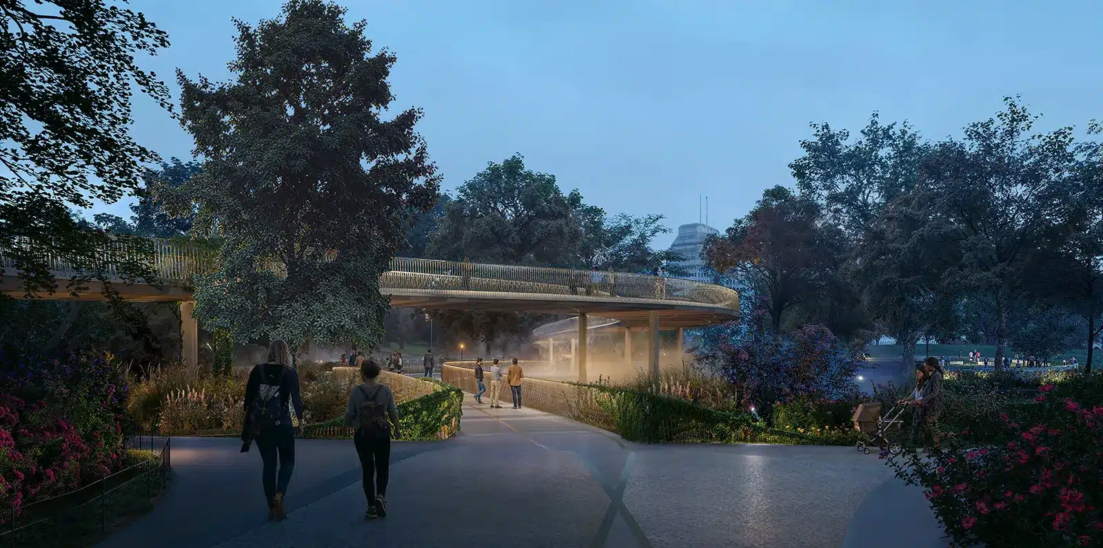 A dusk rendering of the proposed QEII memorial walkway, its modern, illuminated form contrasting with the natural park setting.