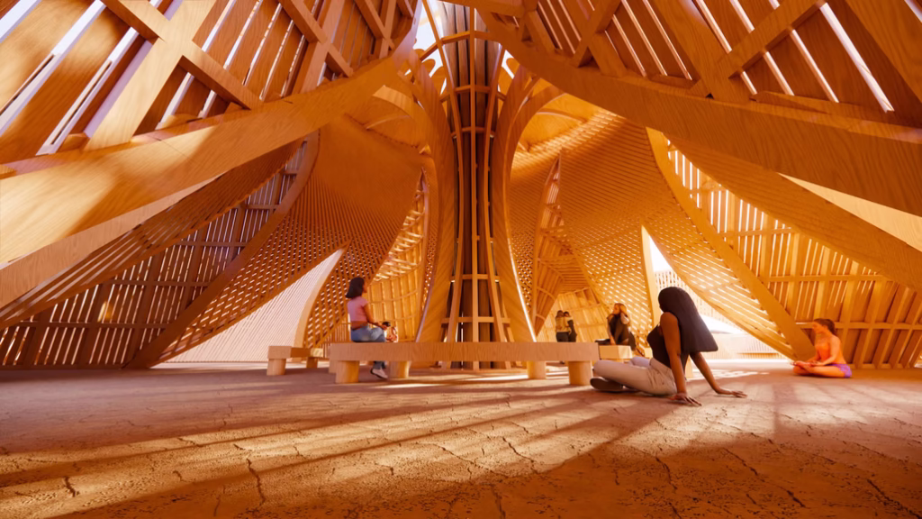 Interior space of Burning Man 2026 Temple of the Moon with visitors sitting among curved wooden beams and warm light
