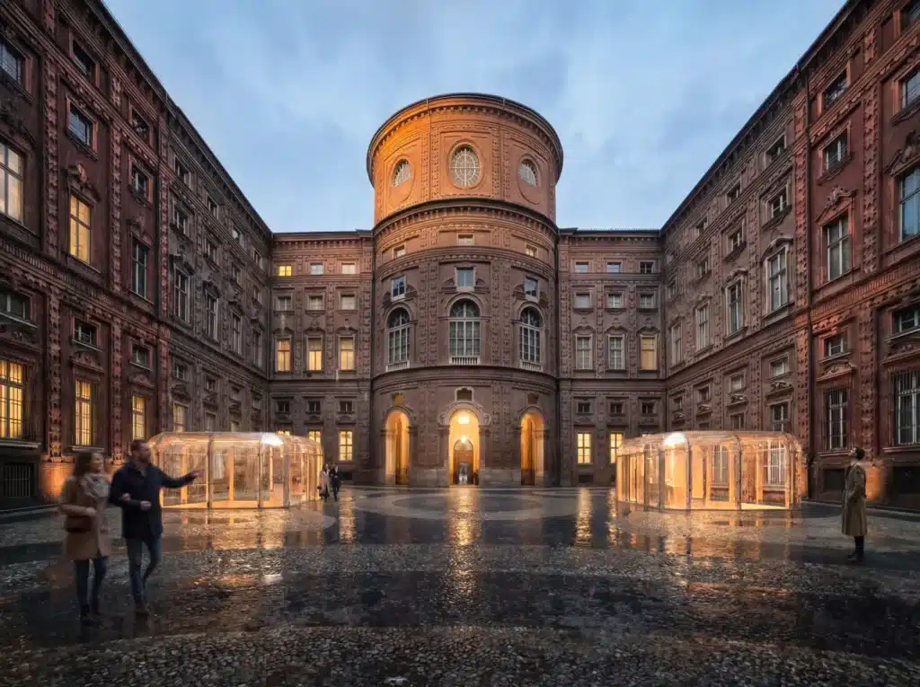 Transparent metro entrance pavilions in Turin historic courtyard for Metro Line 2