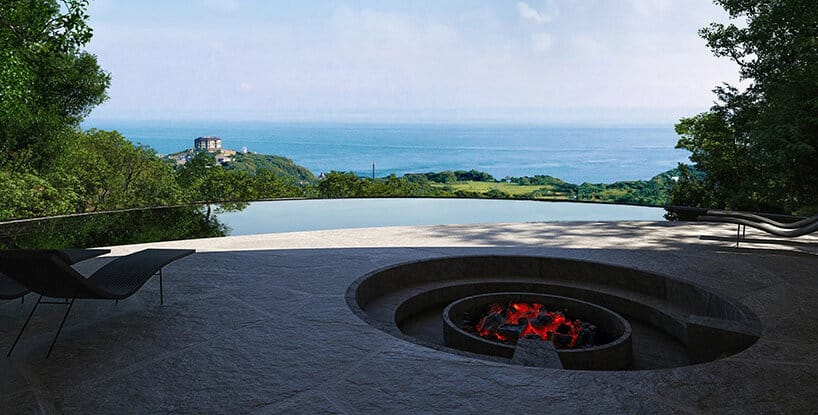 Sunken circular firepit on a terrace with ocean views showcasing Rain Architecture