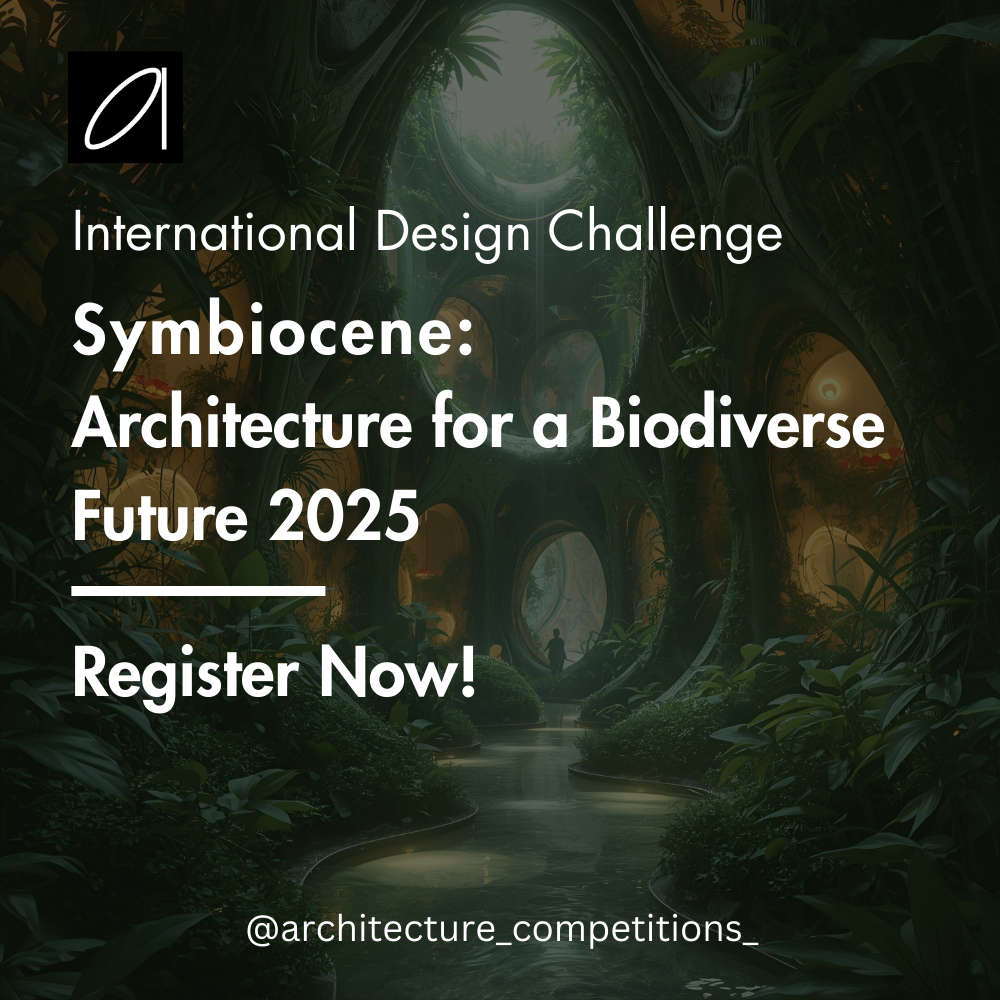 Symbiocene architecture competition promotional poster highlighting biodiverse future design concepts where humans, nature, and ecosystems coexist
