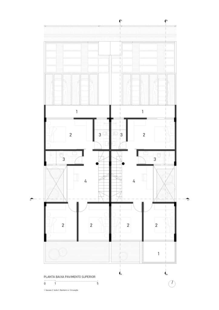 Upper floor architectural plan showing bedroom distribution around the central void.