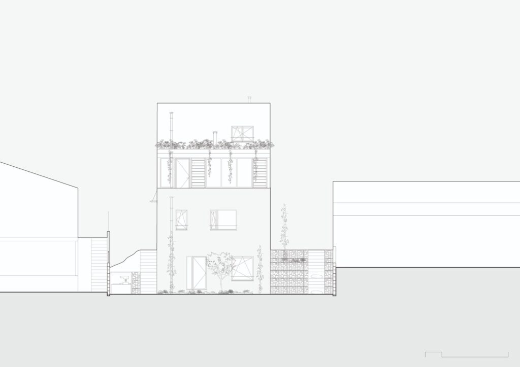 Architectural back elevation drawing showing the multi-story ceramic block structure and rooftop vegetation.