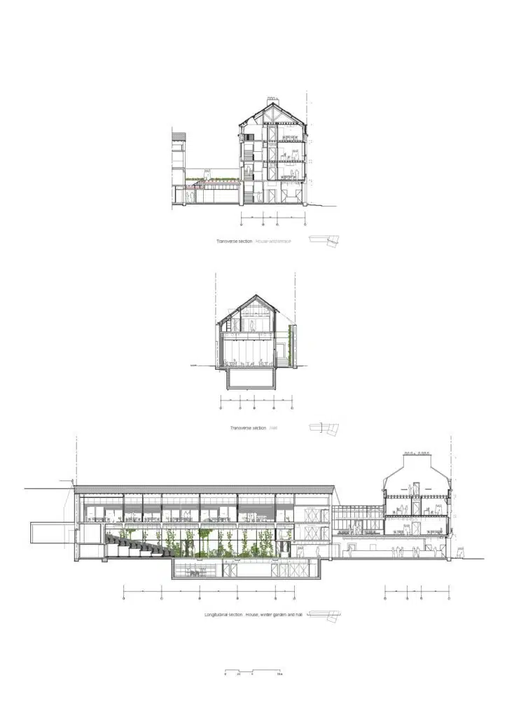 Longitudinal and transverse architectural sections showing the vertical relationship between the old house, the winter garden, and the main hall.