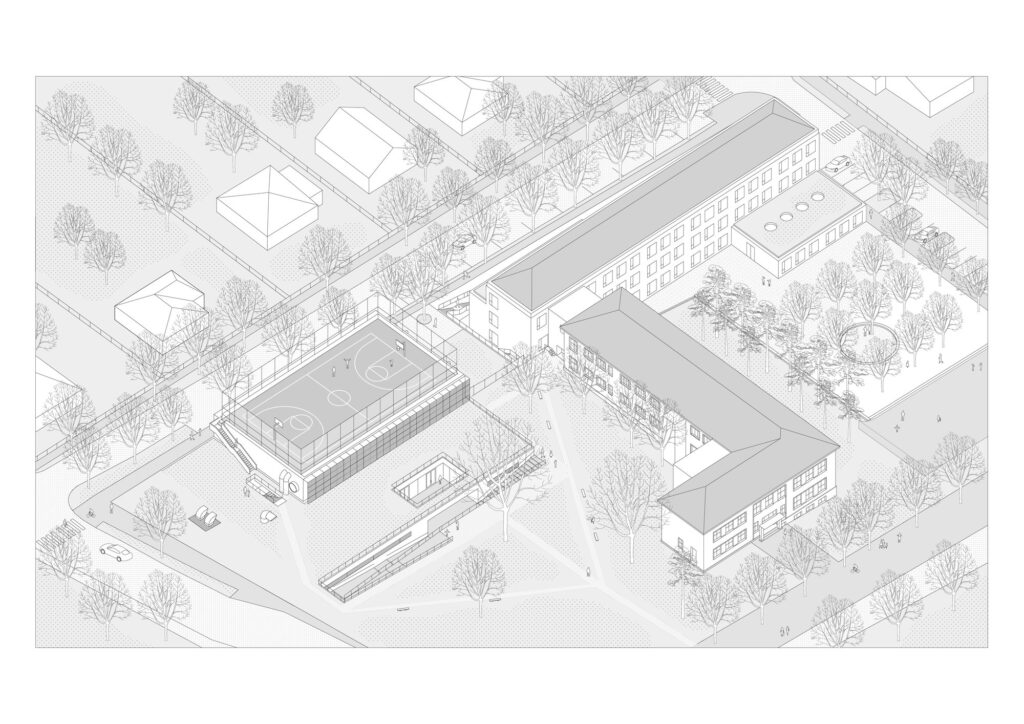 Architectural axonometric drawing showing the school extension, multipurpose hall, and site circulation.