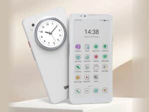 Front and back view of the Bigme HiBreak Dual smartphone showing the main E Ink display and the circular rear auxiliary screen with an analog clock interface.