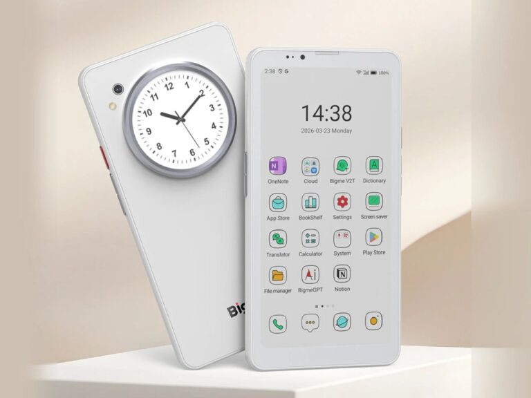 Front and back view of the Bigme HiBreak Dual smartphone showing the main E Ink display and the circular rear auxiliary screen with an analog clock interface.