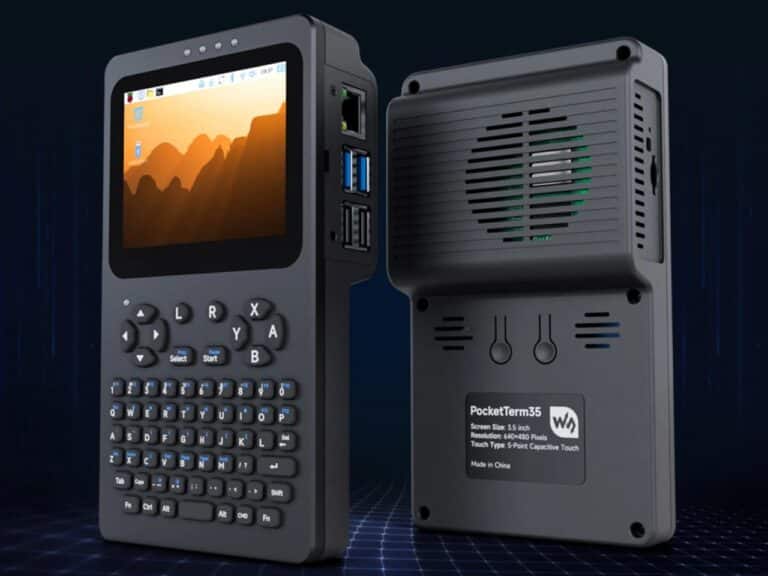 Front and back view of the PocketTerm35 handheld Linux terminal showing the 3.5-inch screen, QWERTY keyboard, and cooling vents.