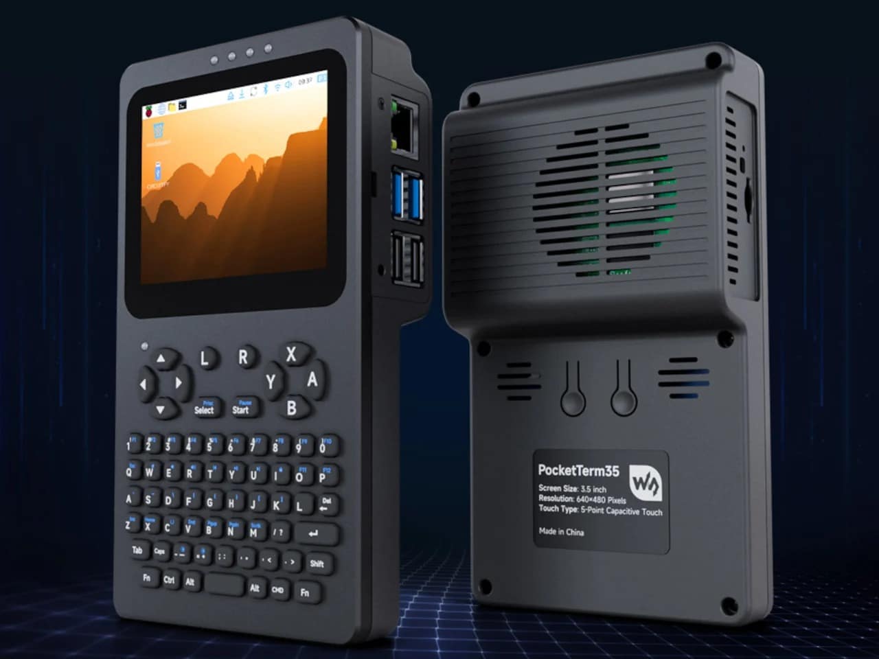Front and back view of the PocketTerm35 handheld Linux terminal showing the 3.5-inch screen, QWERTY keyboard, and cooling vents.