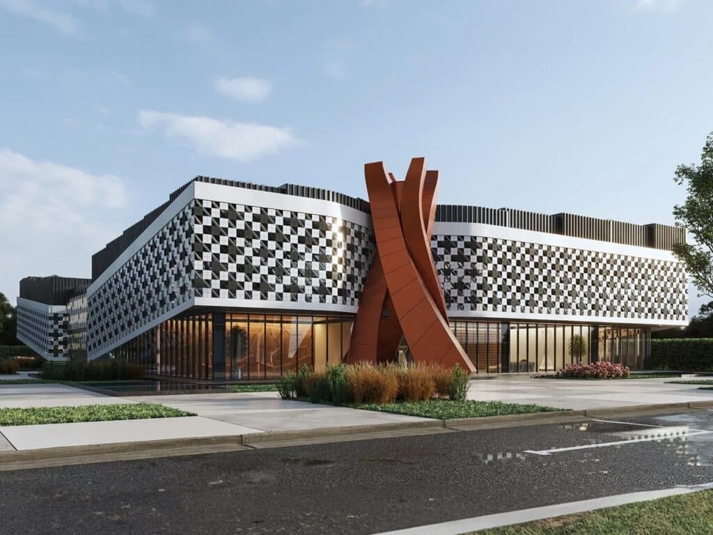 Eye-level exterior view of the Batumi Chess Palace from the street, focusing on the twisted Corten steel abstract entrance sculpture and the checkered HPL facade.
