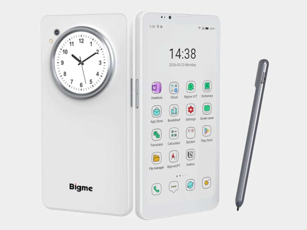 Bigme HiBreak Dual E Ink smartphone positioned next to its compatible pressure-sensitive stylus on a plain background.