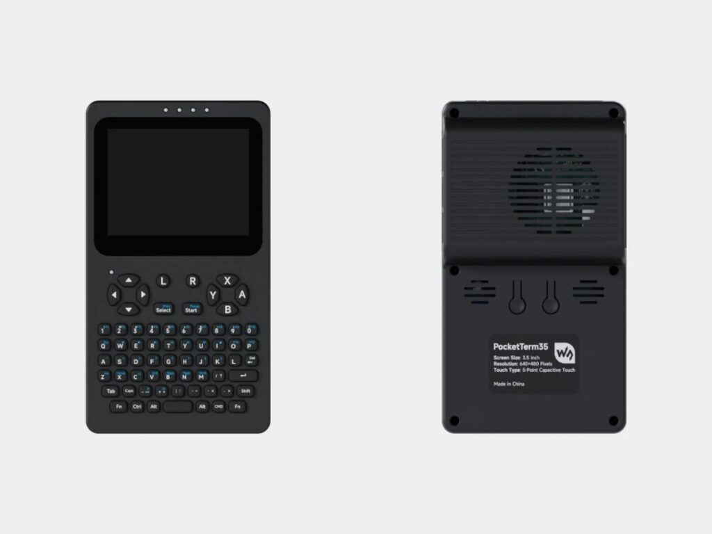 Direct front and rear flat layout of PocketTerm35 device highlighting the 67-key silicone keyboard and integrated speaker grille.