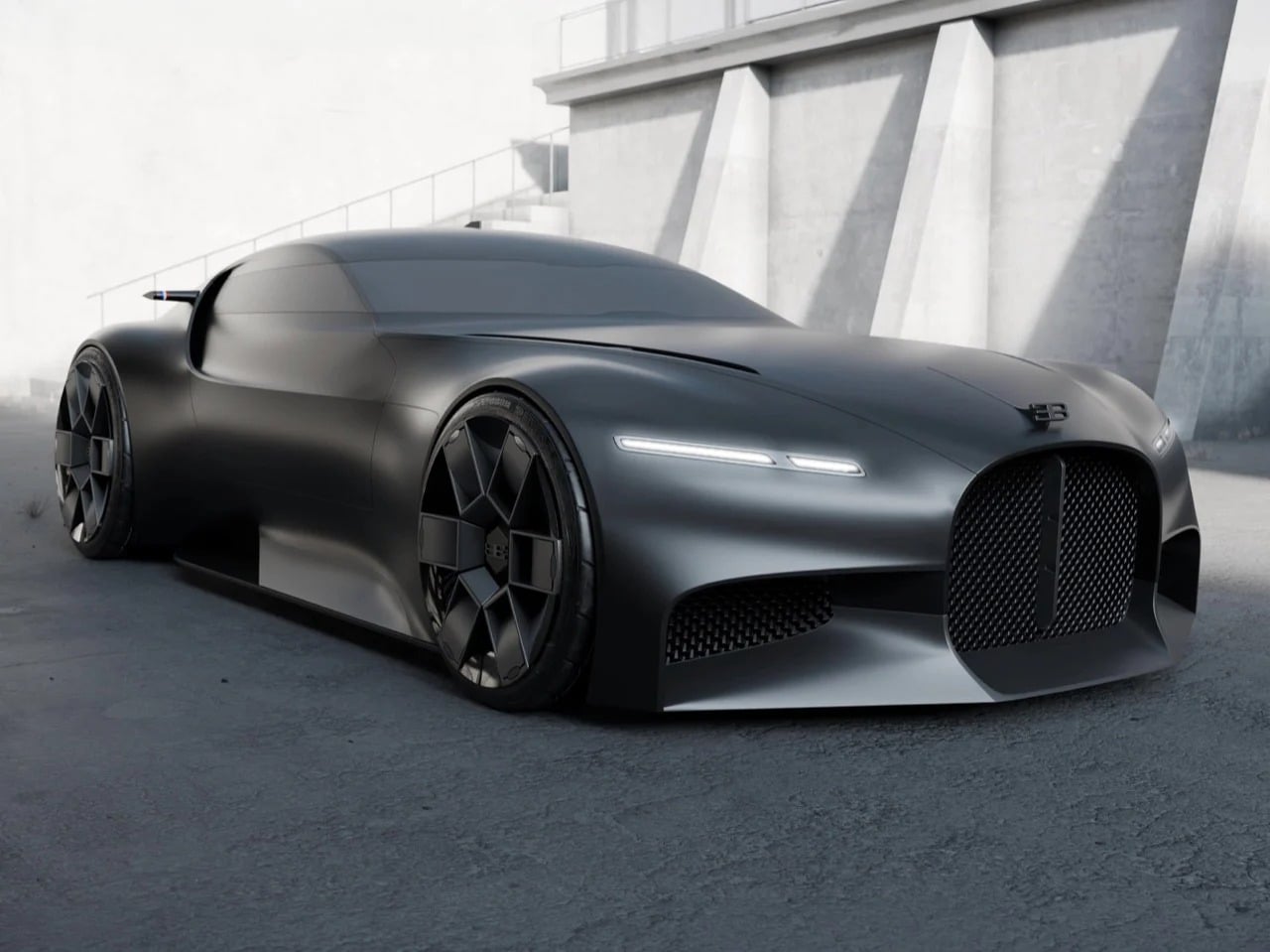 Front three-quarter view of the Bugatti Type Sigma concept car in matte black, showing the integrated horseshoe grille and streamlined body.