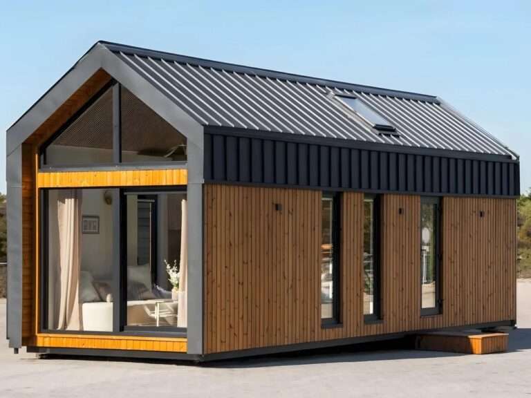 Exterior front view of Lox tiny home by Handcrafted Movement featuring wood cladding and black metal gable roof.