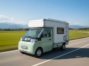 Ari 458 Pro electric campervan driving on a paved road through a rural landscape with mountains in the background.