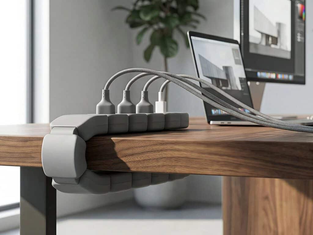 Side profile of Edge power strip clamped to a thick wooden desk with a computer monitor in the background.