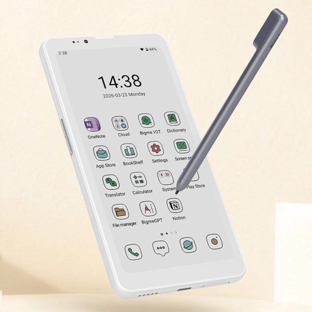 Close-up of a digital stylus touching the Bigme HiBreak Dual E Ink screen, demonstrating the responsive user interface and app icons.