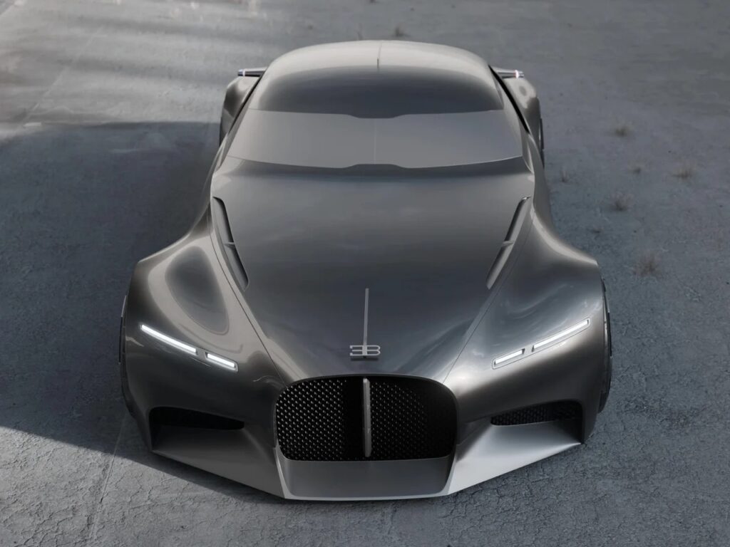 Top-down front perspective of Bugatti Type Sigma highlighting the central spine and symmetrical hood vents.