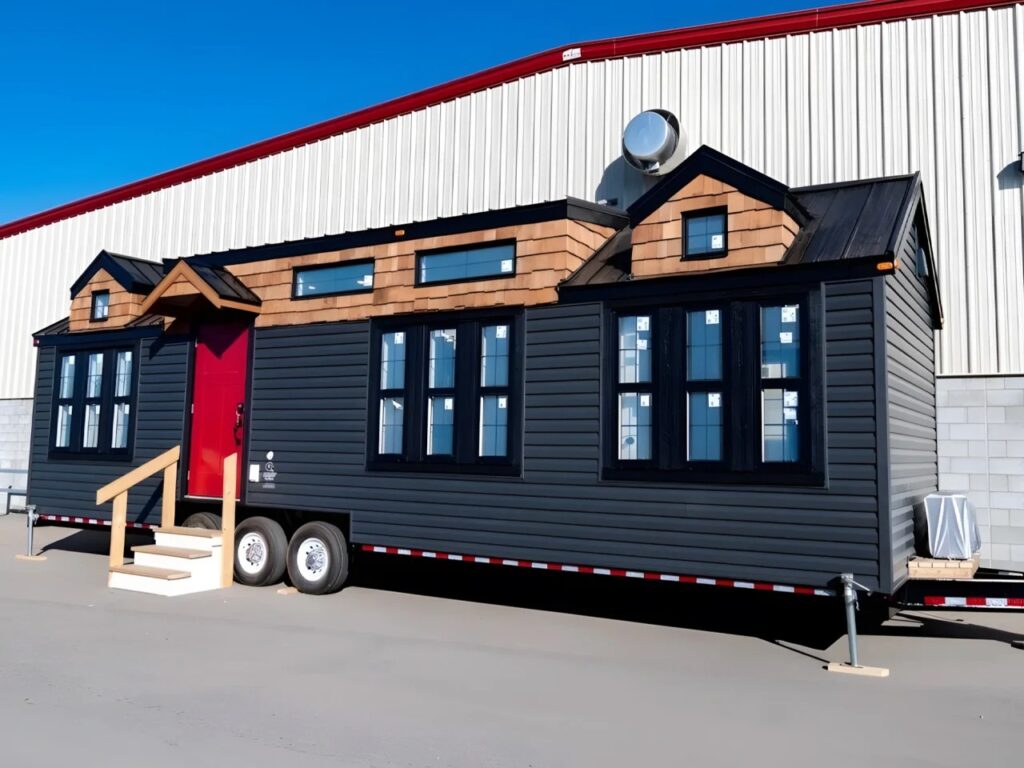 Exterior view of the Daphne tiny house by Acorn Tiny Homes featuring dark gray siding, cedar accents, and a triple-axle trailer base.